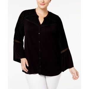 Style & Co Sz 0X Velvet-Yoke Lantern Top Black